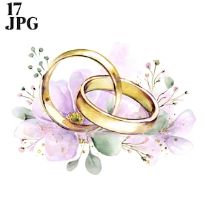 Puede incluir: Dos anillos de boda dorados entrelazados, sobre un arreglo floral de acuarela. Las flores son de un suave tono lavanda, con hojas verdes y delicadas ramitas. La imagen tiene el texto "17 JPG" en la esquina superior izquierda.
