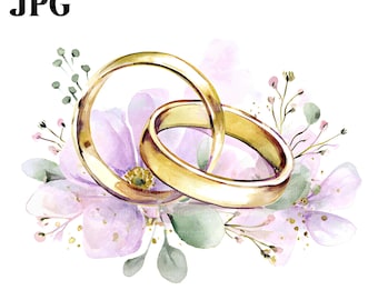 17 Floral Wedding Gold Rings Clipart, Wedding Bands Clipart, High Quality JPG, Watercolor Clipart, Junk Journal Digital Download Paper Craft