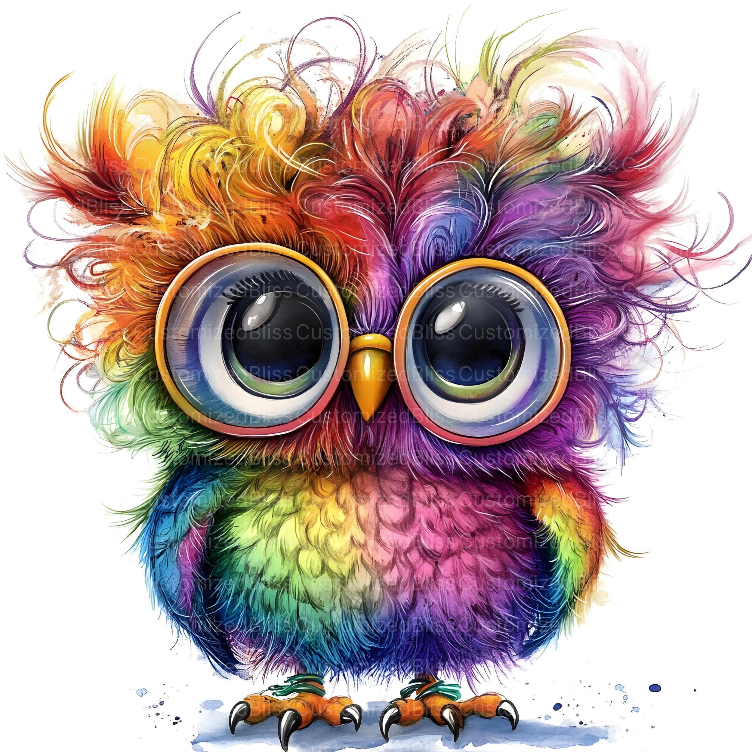 14 虹色のフクロウのクリップアート、クレイジーな髪とメガネの面白い