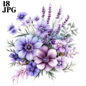 18 clipart de buquê de flores roxas, clipart floral violeta, JPGs de alta qualidade, clipart de aquarela, diário de lixo, download digital, artesanato em papel