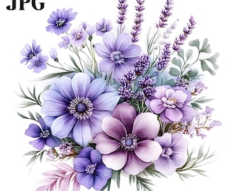 18 Purple Flowers Bouquet Clipart, Violet Floral Clipart, High Quality JPGs, Watercolor Clipart, Junk Journal, Digital Download, Paper Craft
