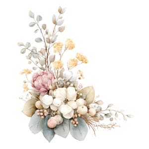 May include: A floral arrangement featuring a large dusty pink peony, white blossoms, and small yellow flowers. The composition includes various green and beige leaves, along with clusters of small round berries, all arranged in a decorative cluster.