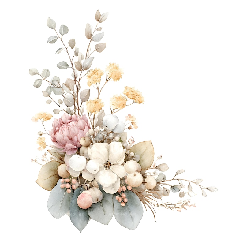May include: A floral arrangement featuring a large dusty pink peony, white blossoms, and small yellow flowers. The composition includes various green and beige leaves, along with clusters of small round berries, all arranged in a decorative cluster.