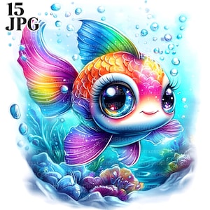 15 niedliche Fische Clipart, Fische Clip Art, druckbare Fische, Unterwasser-Design, hochwertige JPGs, Clipart Bundle, Kinderzimmerdekor, kommerzielle Nutzung