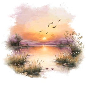 Op de afbeelding: Een aquarelillustratie van een zonsondergang boven een kalm meer met zachte oranje, gele en paarse tinten. De scène toont silhouetten van vogels die in de verte vliegen, hoog gras langs de oever en glooiende heuvels in de verte.