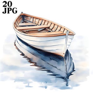 Könnte beinhalten: Aquarellillustration eines weißen Ruderbootes mit Holzausstattung und Rudern, das auf ruhigem Wasser schwimmt. Die Spiegelung des Bootes ist im Wasser sichtbar. Das Bild hat den Text "20 JPG" in der oberen linken Ecke.