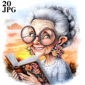 20 Elegant Old Lady with Book Clipart, Modern Grandma Clipart, Old Woman Clipart, Watercolor Clipart, Junk Journal, Digital Download, JPG