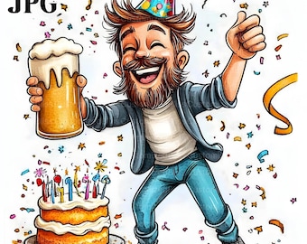 15 Quirky Birthday Clipart, Birthday Man Designs, High Quality JPGs, Watercolor Clipart, Junk Journal, Digital Download, Paper Craft