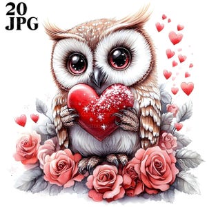 20 niedliche Eulen Clipart, Frühling Clipart, Valentinstag Clipart, Waldtier, Herz Clipart, hochwertige JPGs, Junk Journal, digitaler Download