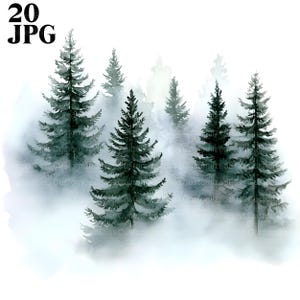 20 Clipart forêt de pins brumeux, arbres à feuilles persistantes, paysage naturel, JPG de haute qualité, clipart aquarelle, Junk Journal, téléchargement numérique, créations manuelles