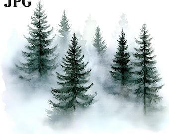 20 Misty Pine Forest Clipart, Evergreen Trees, Nature Landscape, High Quality JPG, Watercolor Clipart, Junk Journal, Digital Download, Craft