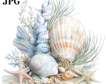 Seashell Clipart, Sea Shells Clipart, Coral Clipart, Ocean Clipart, 20 High Quality JPGs, Watercolor Clipart, Junk Journal, Digital Download