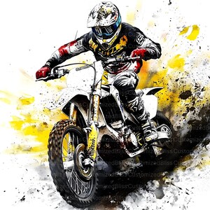 May include: An action-packed watercolor illustration of a motocross rider on a white and yellow dirt bike. The rider is wearing a helmet and protective gear, with splashes of yellow and black adding to the dynamic scene.