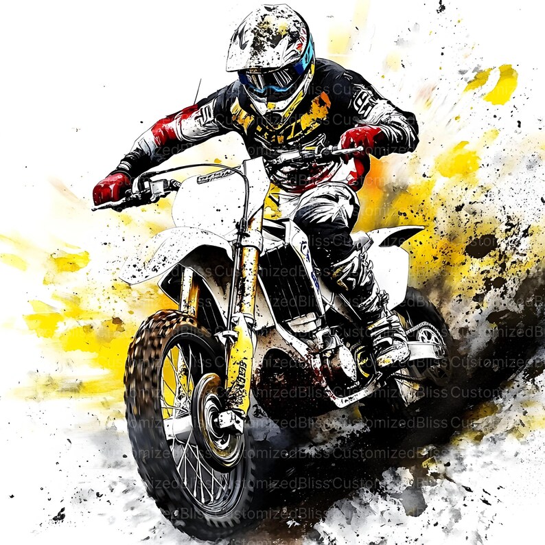 May include: An action-packed watercolor illustration of a motocross rider on a white and yellow dirt bike. The rider is wearing a helmet and protective gear, with splashes of yellow and black adding to the dynamic scene.