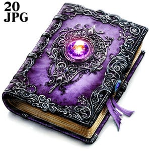 20 imágenes prediseñadas de libros mágicos morados, imágenes prediseñadas de libros de brujas góticas, archivos JPG de alta calidad, imágenes prediseñadas de acuarela, diario basura, descarga digital, manualidades de papel