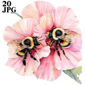 20 Bees and Flowers Clipart, Floral Bees Clipart, Cute Bee, High Quality JPG, Watercolor Clipart, Junk Journal, Digital Download Paper Craft
