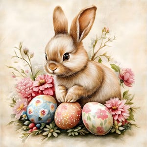 May include: A brown bunny rabbit sits amongst pink and white flowers and colorful Easter eggs. The bunny is looking at the eggs, and one of its paws is resting on a pink and white polka dot egg.