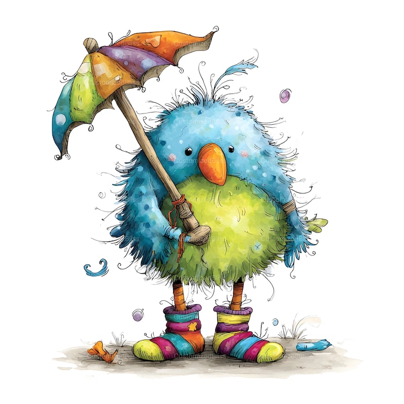 Op de afbeelding: Een illustratie van een pluizige blauwe en groene vogel die een veelkleurige paraplu vasthoudt. De vogel heeft een feloranje snavel en draagt gestreepte sokken in tinten geel, roze, blauw en paars. De stijl bevat losse, schetsmatige inktlijnen.