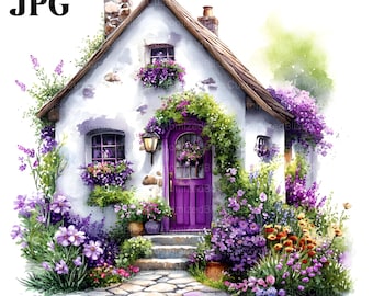Pequeña cabaña floral, imágenes prediseñadas de casa, imágenes prediseñadas de casa rural, 15 imágenes prediseñadas en formato JPG de alta calidad, imágenes prediseñadas de acuarela, diario basura, manualidades de papel con descarga digital