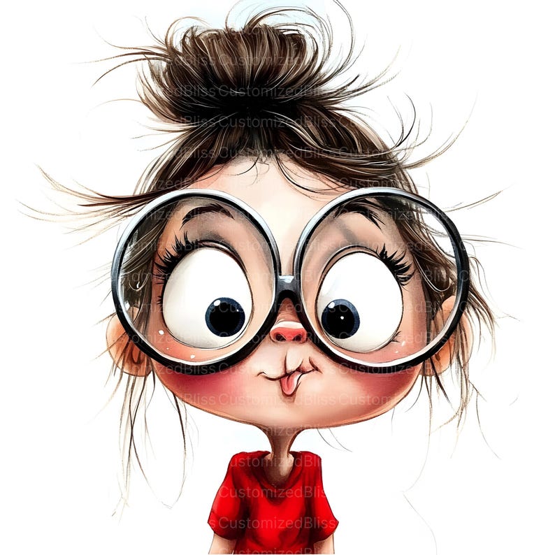 May include: A cartoon illustration of a girl with large, round glasses and a messy bun. She has wide eyes, a small nose, and a red top. Her tongue is sticking out, and the image has a whimsical, playful style.