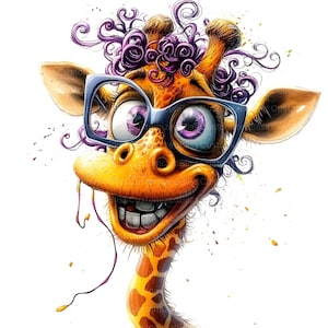 Op de afbeelding: Een cartoon-giraffe met paars krullend haar die een zwarte bril met paarse glazen draagt. De giraffe heeft een brede, tanden glimlach en kijkt naar rechts. De achtergrond is wit met gele en paarse verfspatten.