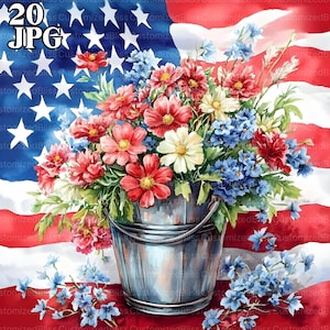 Clipart de flores patrióticas, 20 JPG aquarela de alta resolução para diário de lixo, álbum de recortes, artesanato, download digital, clipart dos EUA, clipart da América