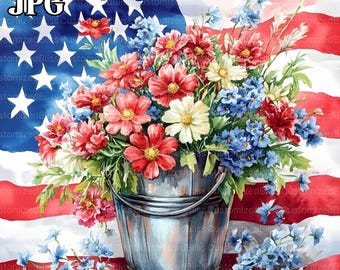 Patriotic Flowers Clipart, 20 High Res Watercolor JPG for Junk Journaling, Scrapbook, Crafts, Digital Download, USA Clipart, America Clipart