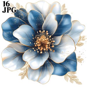 16 Abstrakcyjny Kwiatowy Pakiet Clipart, Granatowy i Złoty Kwiat, Wysokiej Jakości JPG, Sztuka Rzemieślnicza, Tworzenie Kartek, Clipart, Rękodzieło Papierowe, Scrapbooking