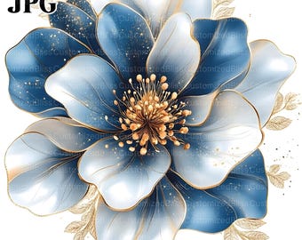 16 Abstract Flower Clipart Bundle, Navy Blue and Gold Flower, High-Quality JPG, Craft Art, Card Making, Clip Art, Paper Craft, Scrapbooking