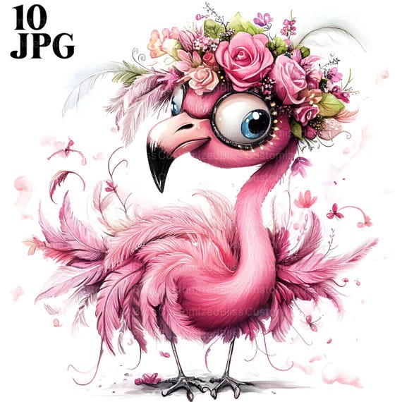 10 Flamingo Clip Art, Funny Bird Clipart, Quirky Flamingo, High Quality JPG, Watercolor Clipart, Junk Journal, Digital Download, Paper Craft