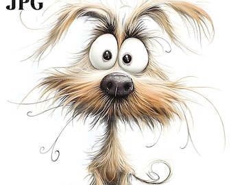 Pode incluir: Uma ilustração de desenho animado de um cão peludo, marrom e branco com olhos grandes e redondos e uma expressão de surpresa. O cão está em pé sobre um fundo branco.