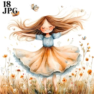 Jolie fille bohème danse en fleurs, 18 fichiers JPG de haute qualité, Clipart floral, fabrication de cartes, créations en papier pour scrapbooking, usage commercial