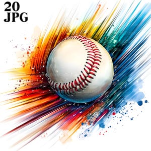 Puede incluir: Una pelota de béisbol blanca con costuras rojas vuela a través de un fondo abstracto colorido de rayas rojas, naranjas, amarillas, verdes, azules y moradas. El fondo tiene un efecto acuarela.