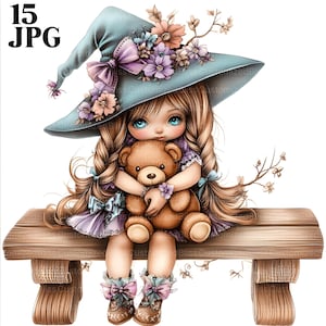 15 Girl Clipart with Bear and Floral Hat, Whimsical Girl, Bear Clipart, High Quality JPG, Watercolor Clipart, Junk Journal, Digital Download