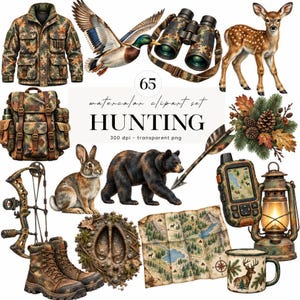 Pode incluir: Uma coleção digital de clipart em aquarela com tema de caça, incluindo uma jaqueta camuflada, mochila, botas, binóculos, um dispositivo GPS, lanterna, mapa, flecha, caneca e animais selvagens como cervo, coelho, urso e pato.