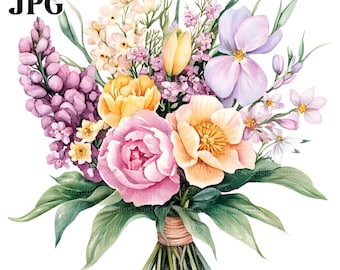 20 imágenes prediseñadas de flores de primavera, imágenes prediseñadas de ramos de flores, archivos JPG de alta calidad, imágenes prediseñadas de acuarela, diario basura, descarga digital, manualidades de papel