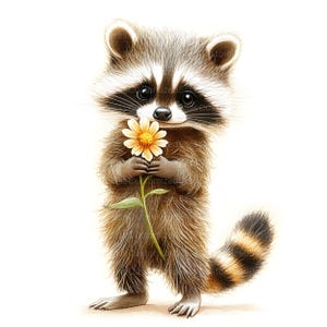 Puede incluir: Un adorable mapache sosteniendo una flor amarilla con hojas verdes. El mapache tiene ojos negros, una nariz negra y una m&aacute;scara negra y blanca alrededor de los ojos. El mapache est&aacute; de pie sobre un fondo blanco.