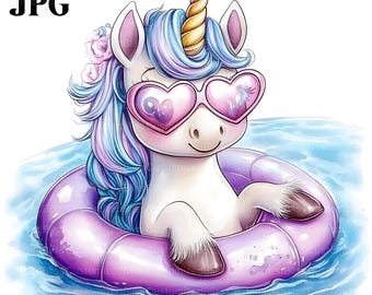 16 Sommer Einhorn Clipart, niedliches Einhorn im Pool Float mit Herz Sonnenbrille, hochwertige JPGs, Junk Journal, digitaler Download, Papiermodell