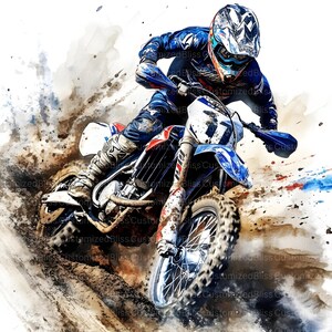 May include: Watercolor-style artwork of a motocross rider on a blue and white dirt bike. The rider is wearing blue and red gear and a helmet. The bike is kicking up dirt and mud, with splashes of color in the background.