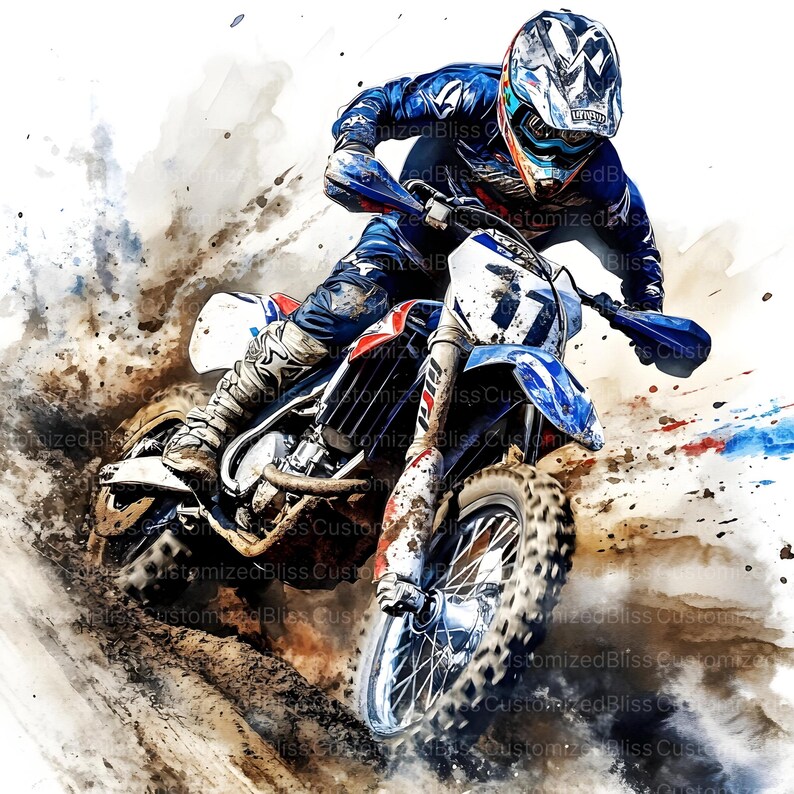 May include: Watercolor-style artwork of a motocross rider on a blue and white dirt bike. The rider is wearing blue and red gear and a helmet. The bike is kicking up dirt and mud, with splashes of color in the background.