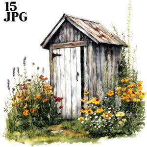 Rustiek bijgebouw met bloemen clipartbundel, 15 hoogwaardige aquarel jpg's, tuinkunst, ambacht, journaling, scrapbooking, tuin clipart
