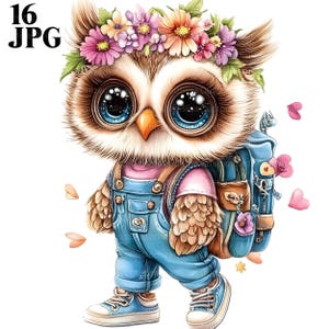 Niedliche Eule Clipart, Schule Clipart, Blumen Clipart, Schule Eule Clipart, 16 hochwertige JPG, Aquarell Clipart, Junk Journal Digital Download