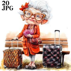 20 Imágenes Graciosas de Anciana en la Carretera, Abuela Loca con Maletas, Mujeres Mayores, JPG de Alta Calidad, Descarga Digital, Diario de Citas