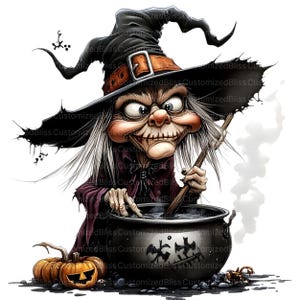 May include: A cartoon witch with a pointed black hat and a long white beard stirs a cauldron with a wooden spoon. She is wearing a purple dress and has a mischievous expression on her face. Two pumpkins are in the foreground.