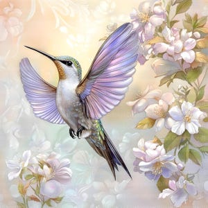 May include: A vibrant hummingbird with iridescent purple wings hovers near delicate white blossoms. The hummingbird's long beak is extended, and its green and blue feathers are visible. The background is a soft, blurred, pastel color.