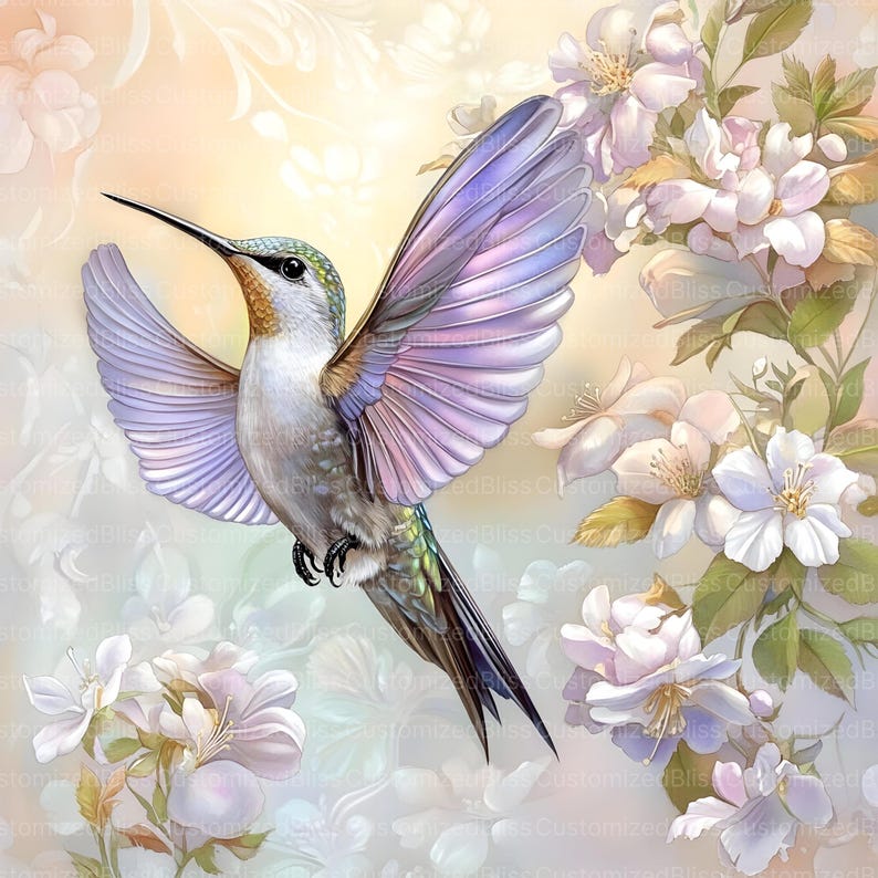 May include: A vibrant hummingbird with iridescent purple wings hovers near delicate white blossoms. The hummingbird's long beak is extended, and its green and blue feathers are visible. The background is a soft, blurred, pastel color.