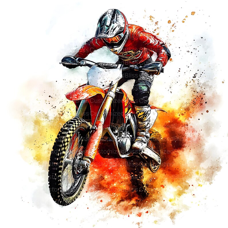 Peut inclure: Illustration &agrave; l'aquarelle d'un pilote de motocross en action. Le pilote porte une combinaison et un casque de course rouges et noirs, sur une moto tout-terrain orange et blanche. Le fond pr&eacute;sente des &eacute;claboussures d'aquarelle orange et jaune.
