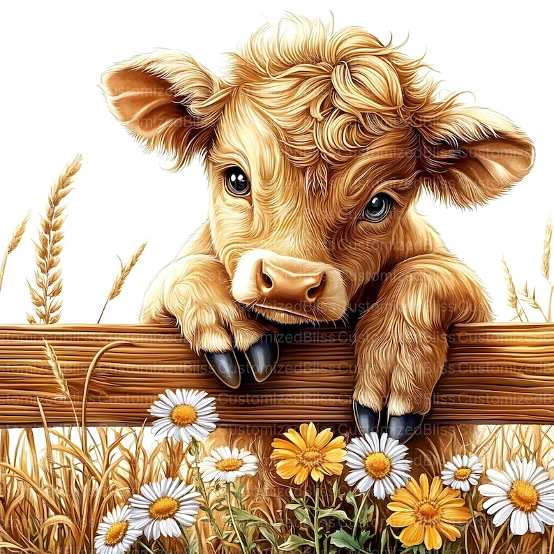 May include: A brown and white calf with curly hair peeks over a wooden fence.  The calf has big brown eyes and a pink nose.  The fence is surrounded by green grass and yellow flowers.
