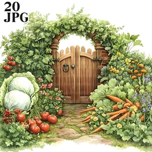 May include: Watercolor illustration of a garden scene with a wooden gate, lush greenery, and various vegetables. The image features a stone path, tomatoes, carrots, and cabbage, creating a vibrant and inviting garden setting. The text "20 JPG" is in the upper left corner.