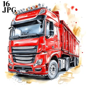 Bundle de cliparts camions européens, camion remorque, camion semi-remorque, 16 fichiers JPG de haute qualité, clipart aquarelle, Junk Journal, téléchargement numérique, créations manuelles